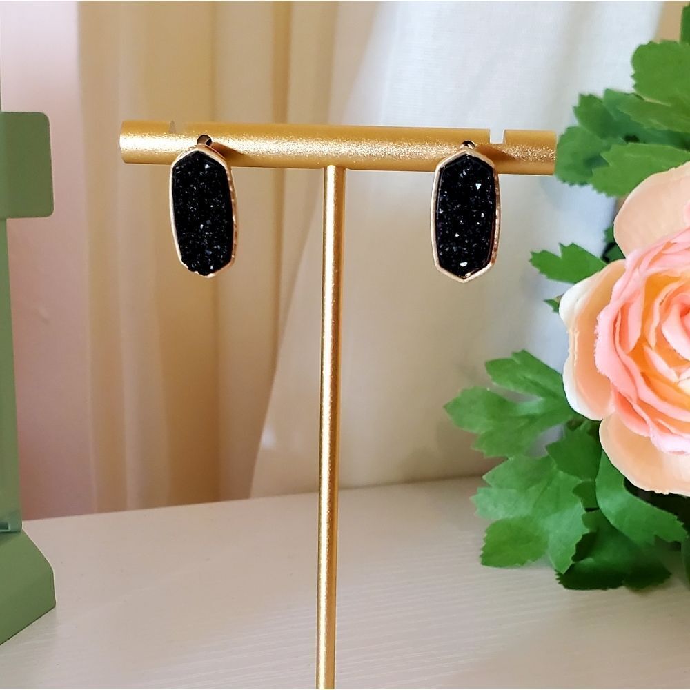 BLACK Druzy Elongated Hexagon Stud Earrings
